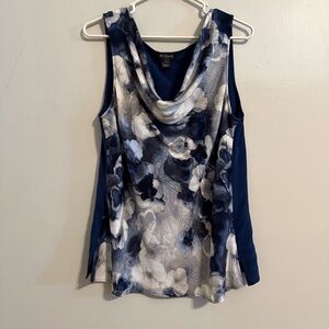 ST JOHN Silk Sleeveless Top women’s size 12 Floral Blouse cowl neck navy blue